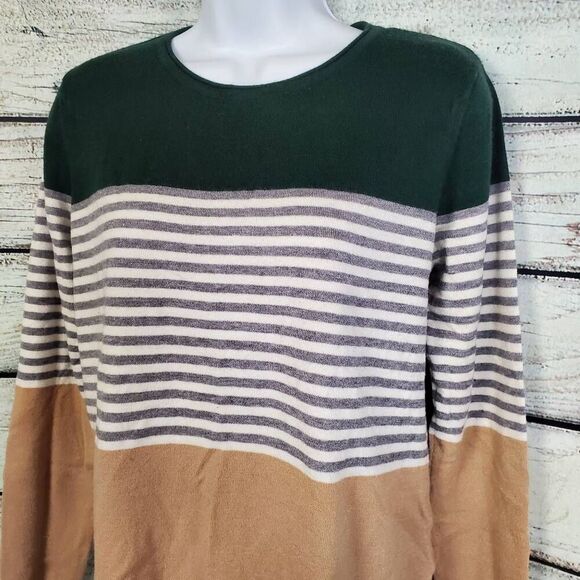 Staccato Sweater M Green Tan Stripe Pullover Lightweight Soft Casual Knit - Picture 2 of 6